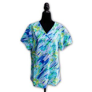 BIO Bring It On Colorful Blue Green Scrubs Top, Size Large